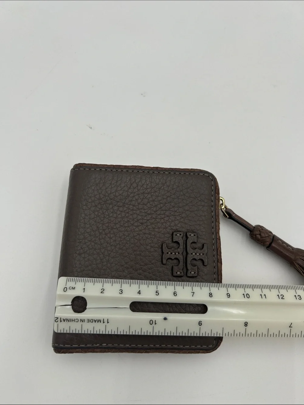 Tory‎ Burch Dark Brown Pebbled Leather Zip Coin Wallet with Tassel